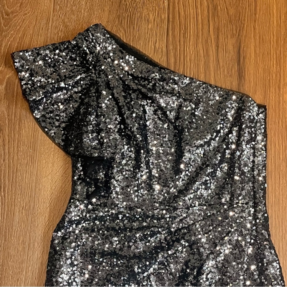 Marchesa Notte | Ombré one shoulder Sequin tulle black sheath dress Women size 6 - Picture 4 of 12
